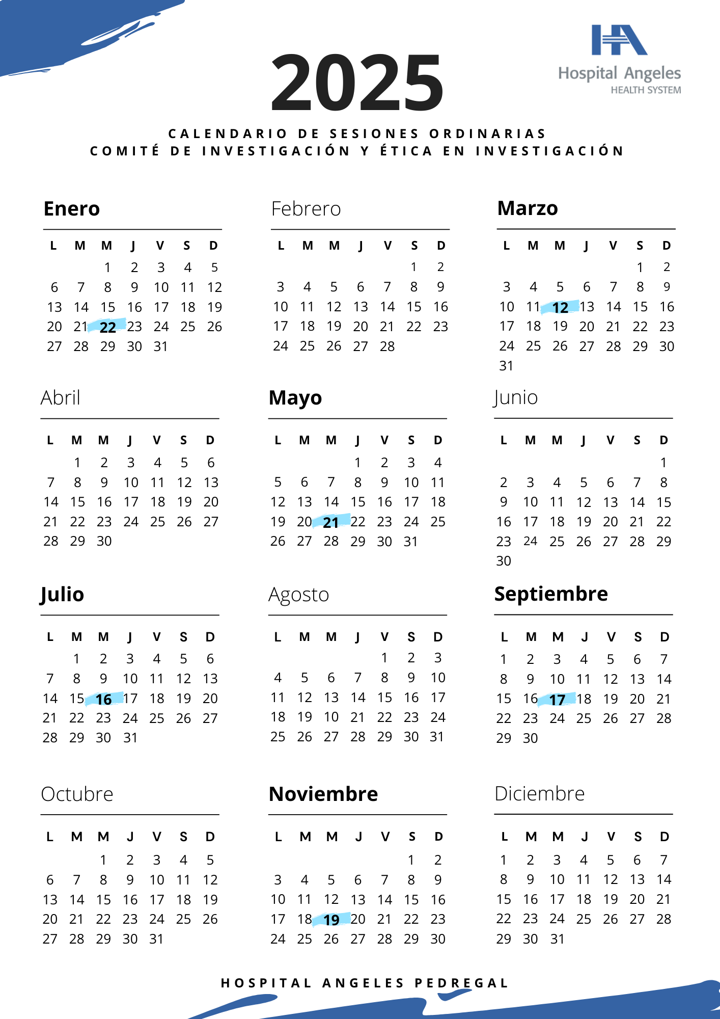 Calendario de Sesiones de Comité de Investigación y Ética 2025 con meses en recuadros azul y números negros en fondo blanco.